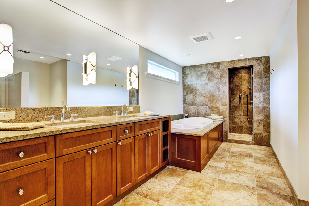 Granite Bathroom With Wooden Cabinets